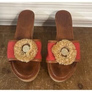 COACH JAZMIN PLATFORM WEDGE RED CANVAS Sandal Leather Size 6.5